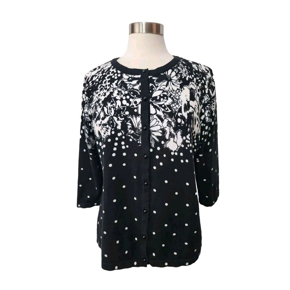 Cj Banks Cardigan Sweater Womens X Black White Floral Polka Dot Knit 3/4 Slv